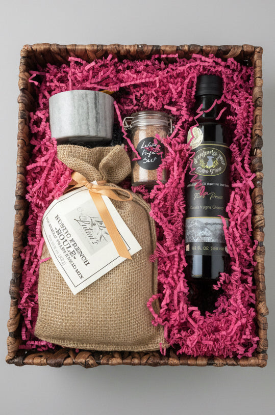 Ariston Olive Oil, Lutini’s Perfect Sea Salt, Salt Cellar with spoon and Private Label Rustic French Boule