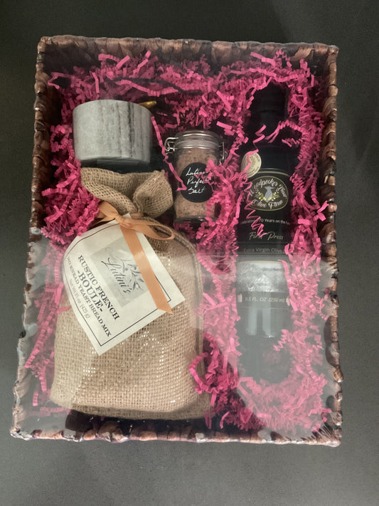 Ariston Olive Oil, Lutini’s Perfect Sea Salt, Salt Cellar with spoon and Private Label Rustic French Boule